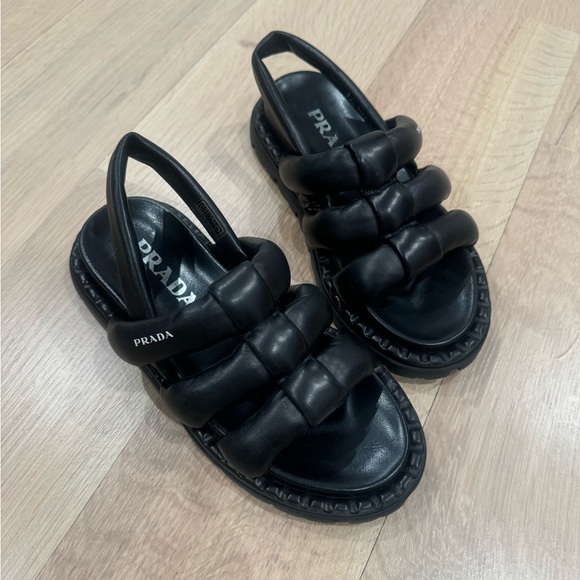 Prada Blow Black Padded Leather Logo Strappy Slingback Sport Sandal Flat 35.5/37 - Picture 2 of 6